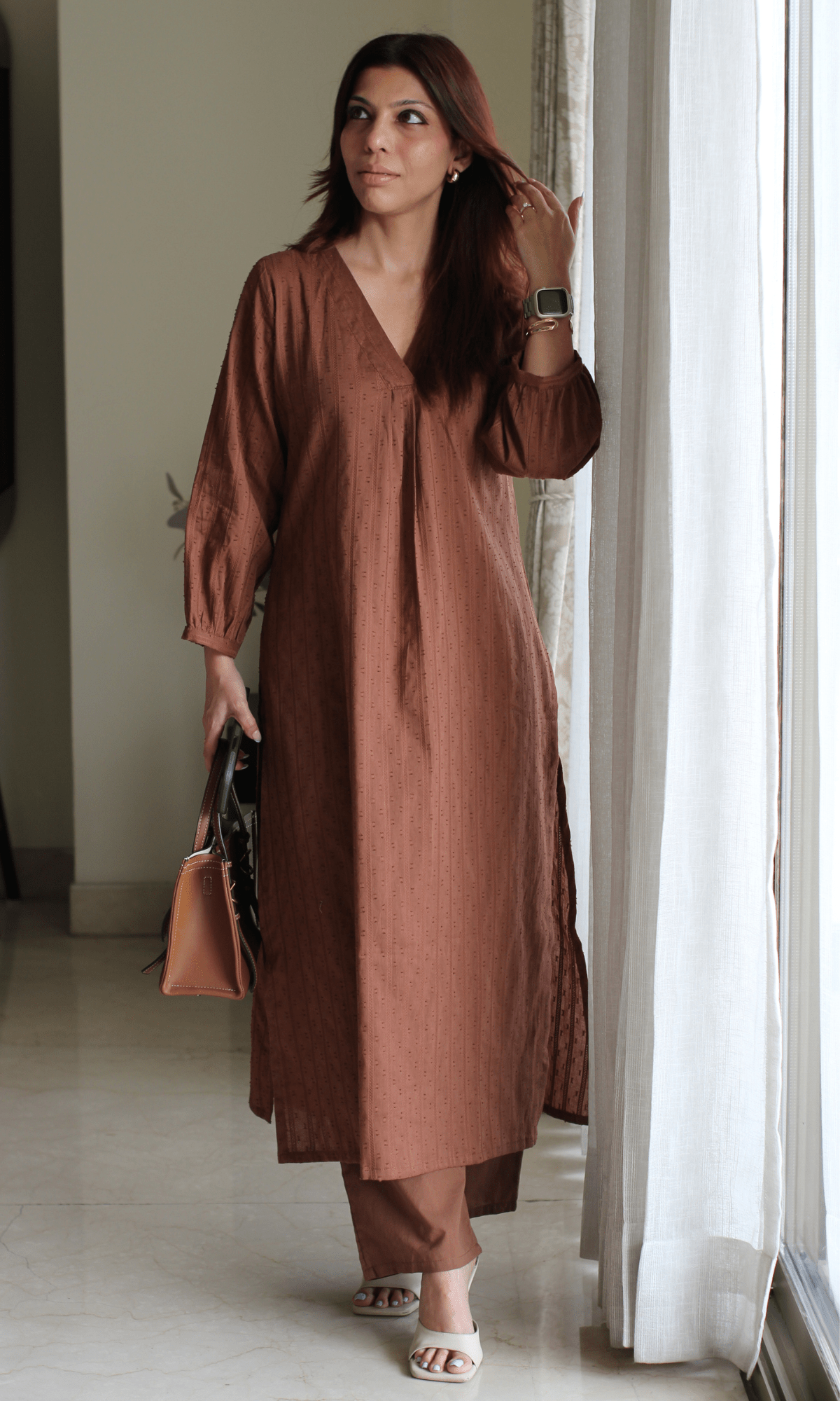 Brown Cotton Dobby Kurta & Cotton Pant - Baareeki
