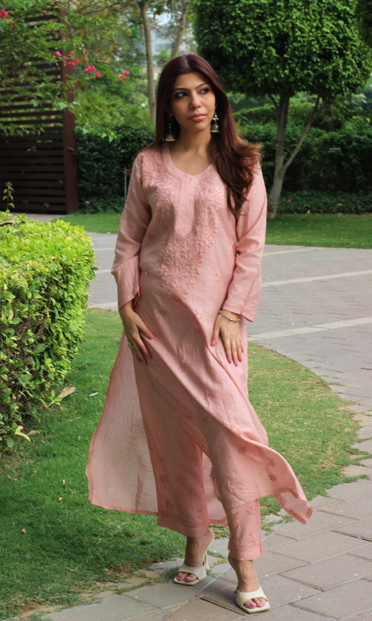 Chanderi Silk Pastel Peach Handwork Chikankari Coord Set - Baareeki