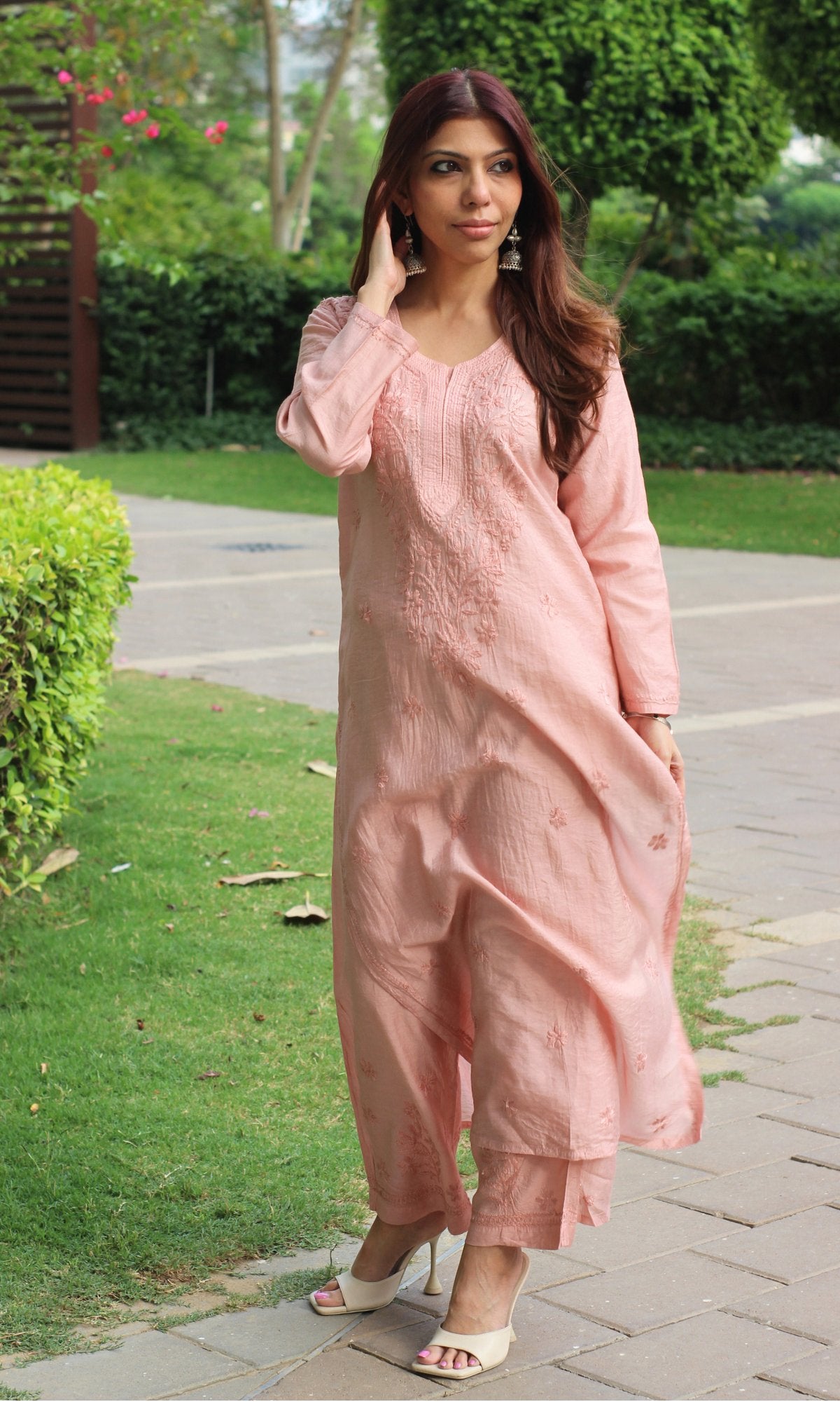 Chanderi Silk Pastel Peach Handwork Chikankari Coord Set - Baareeki