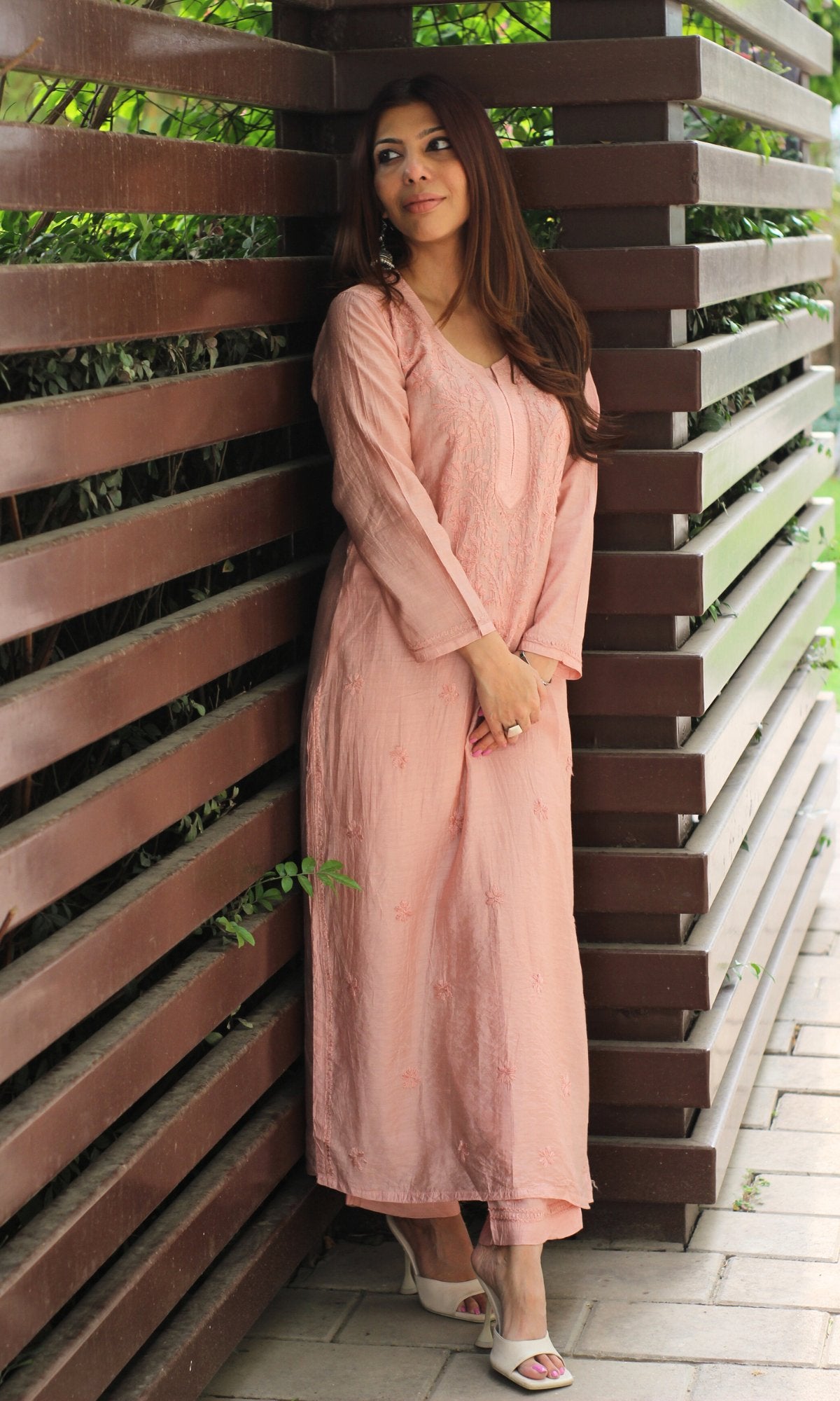 Chanderi Silk Pastel Peach Handwork Chikankari Coord Set - Baareeki
