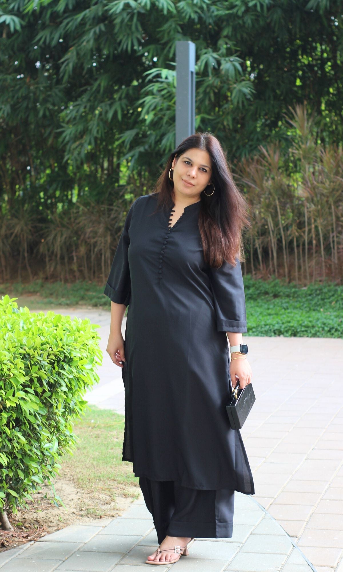 Cold Black Collared Buttoned Kurta with Pallazo Pants - Baareeki