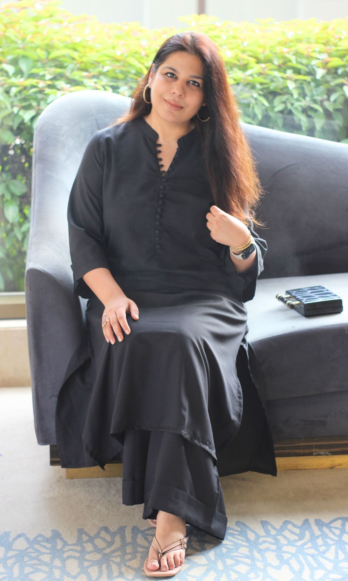 Cold Black Collared Buttoned Kurta with Pallazo Pants - Baareeki