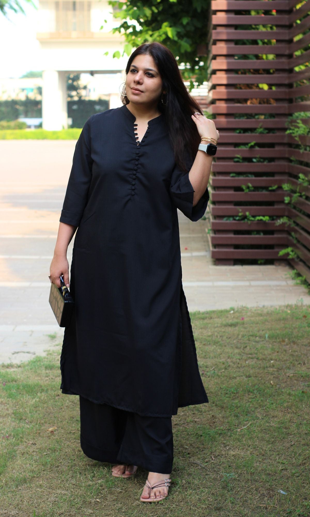 Cold Black Collared Buttoned Kurta with Pallazo Pants - Baareeki