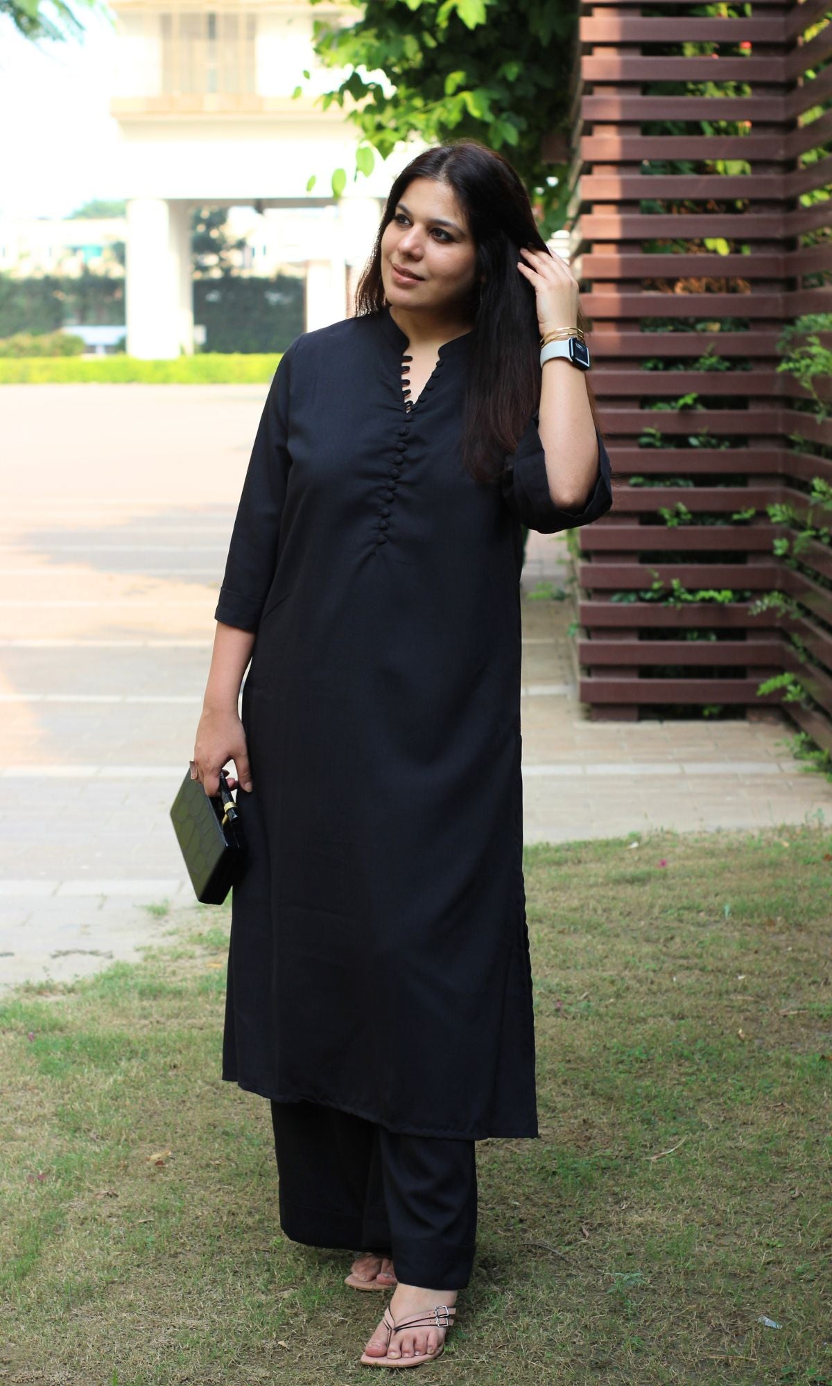 Cold Black Collared Buttoned Kurta with Pallazo Pants - Baareeki