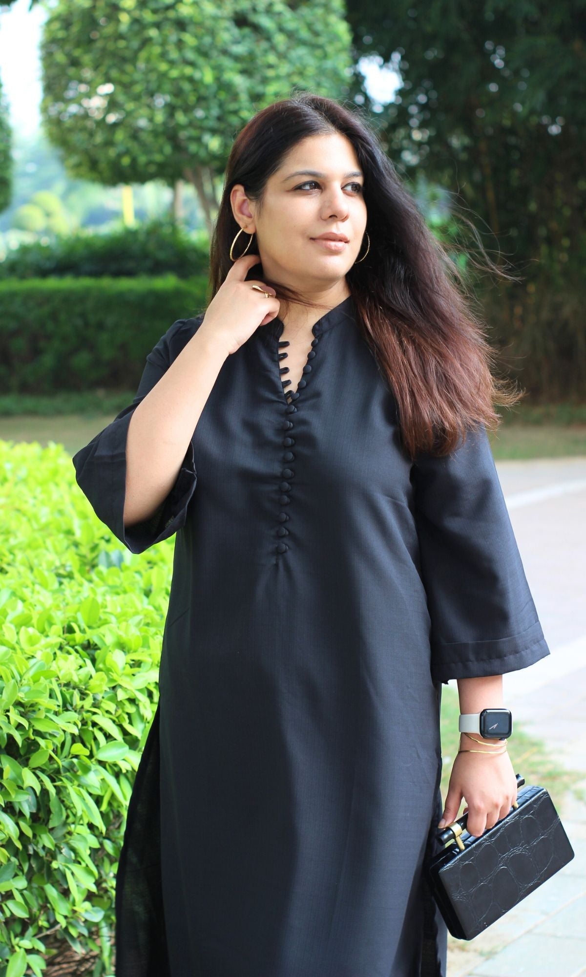 Cold Black Collared Buttoned Kurta with Pallazo Pants - Baareeki