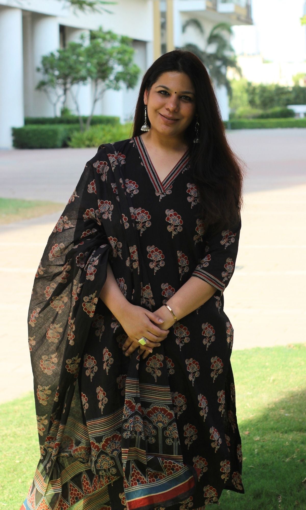 Cotton Ajrakh Print Black Suit Set with Printed Cotton Dupatta Baareeki Cotton Ajrakh Print Black Suit Set with Printed Cotton Dupatta Baareeki