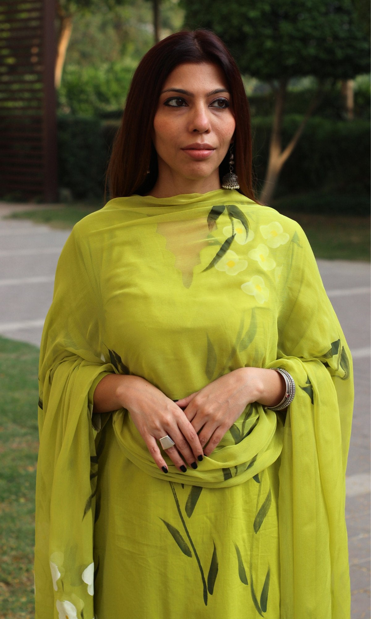 Cotton Alge Green Handbrush Painted Suit with Chiffon Handpainted Dupatta - Baareeki
