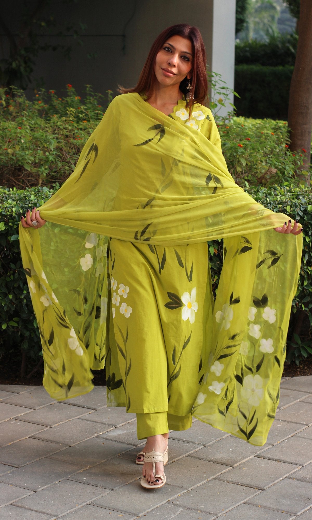 Cotton Alge Green Handbrush Painted Suit with Chiffon Handpainted Dupatta - Baareeki