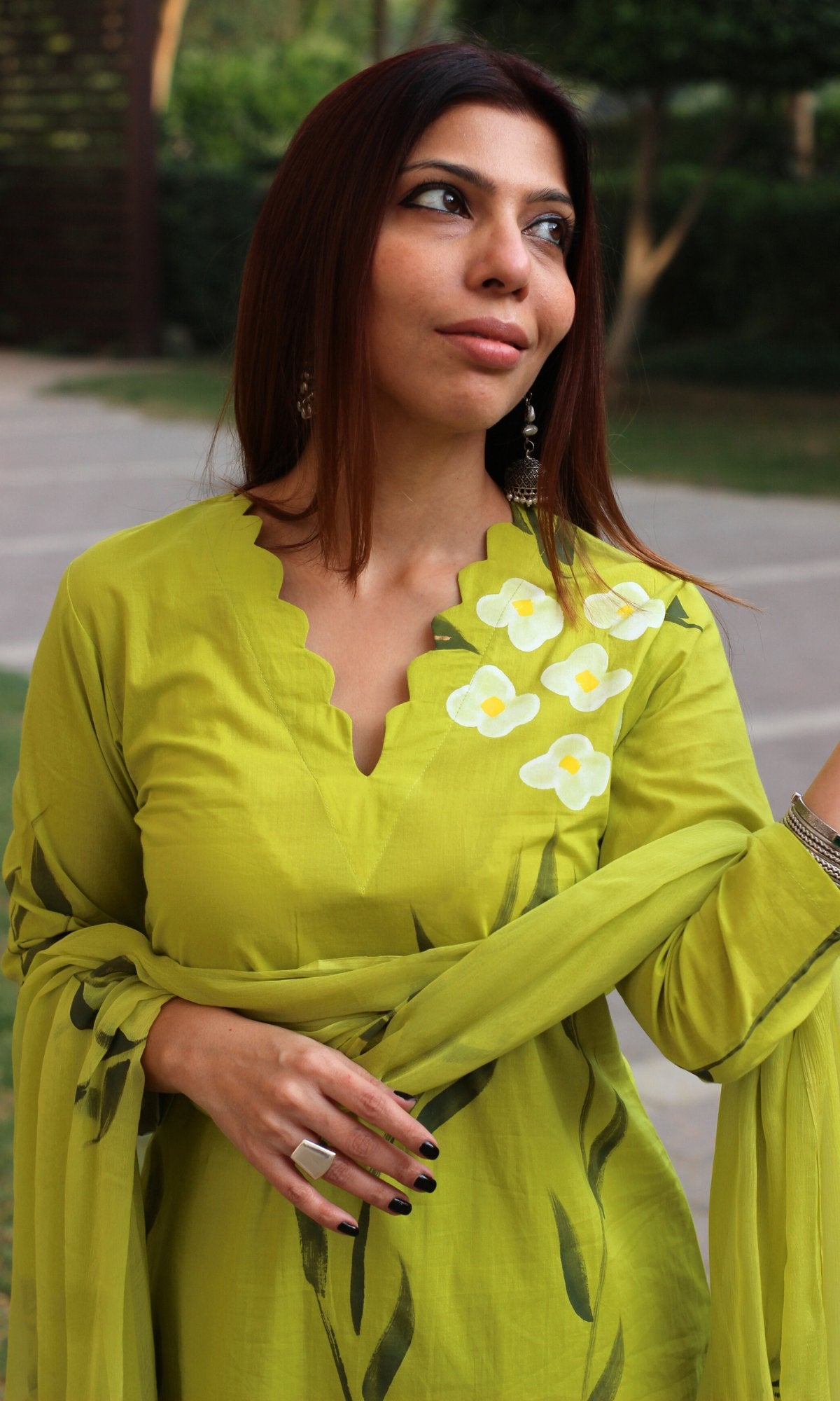 Cotton Alge Green Handbrush Painted Suit with Chiffon Handpainted Dupatta - Baareeki