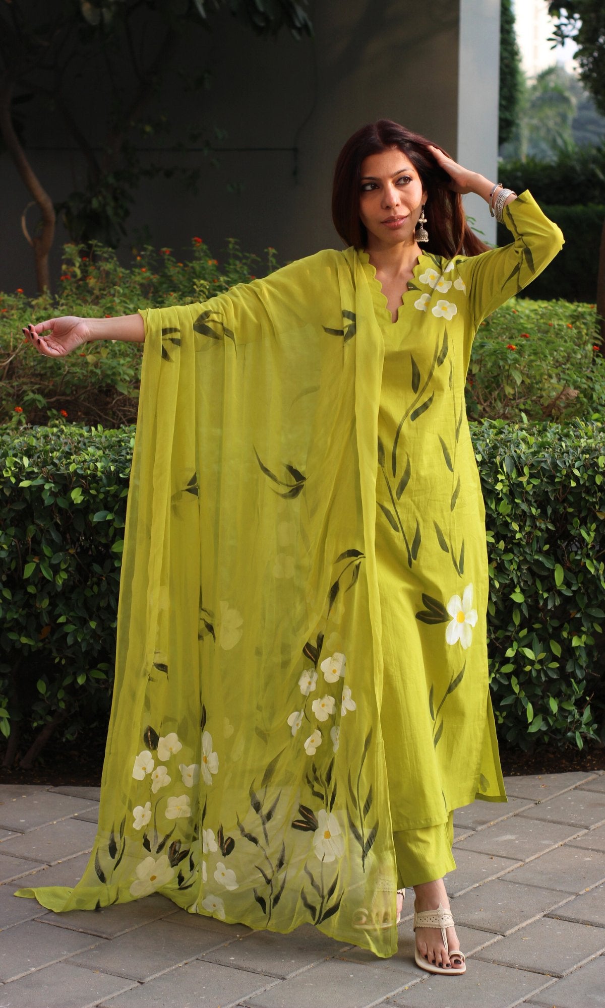 Cotton Alge Green Handbrush Painted Suit with Chiffon Handpainted Dupatta - Baareeki