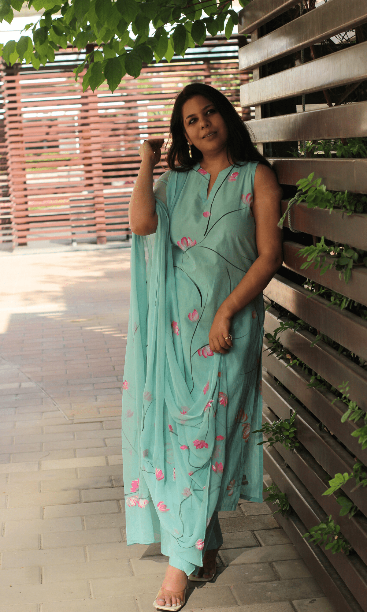 Cotton Aqua & Pink Handbrush Painted Sleeveless Kurta, Palazzo & Hanpainted Chiffon Dupatta - Baareeki