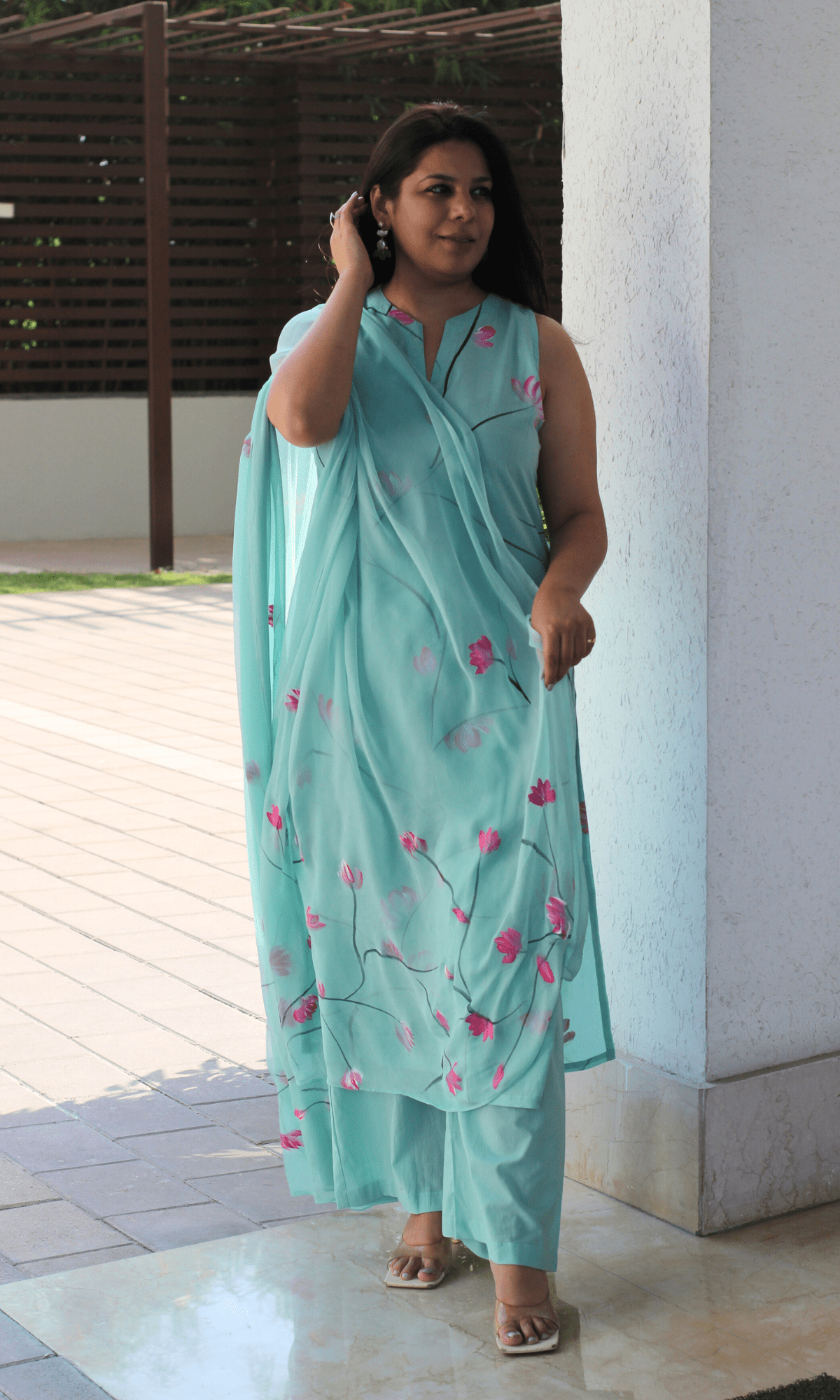 Cotton Aqua & Pink Handbrush Painted Sleeveless Kurta, Palazzo & Hanpainted Chiffon Dupatta - Baareeki