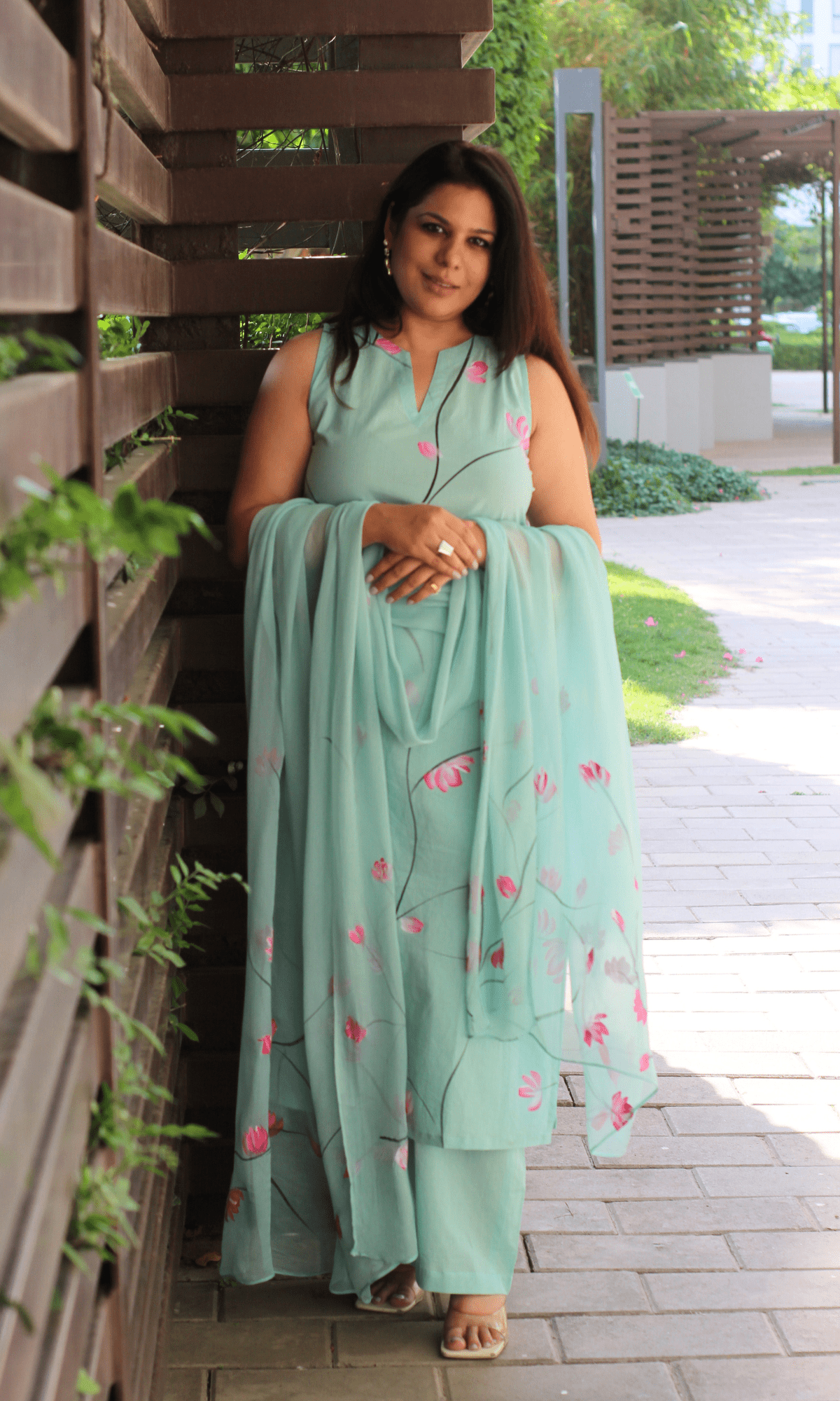 Cotton Aqua & Pink Handbrush Painted Sleeveless Kurta, Palazzo & Hanpainted Chiffon Dupatta - Baareeki
