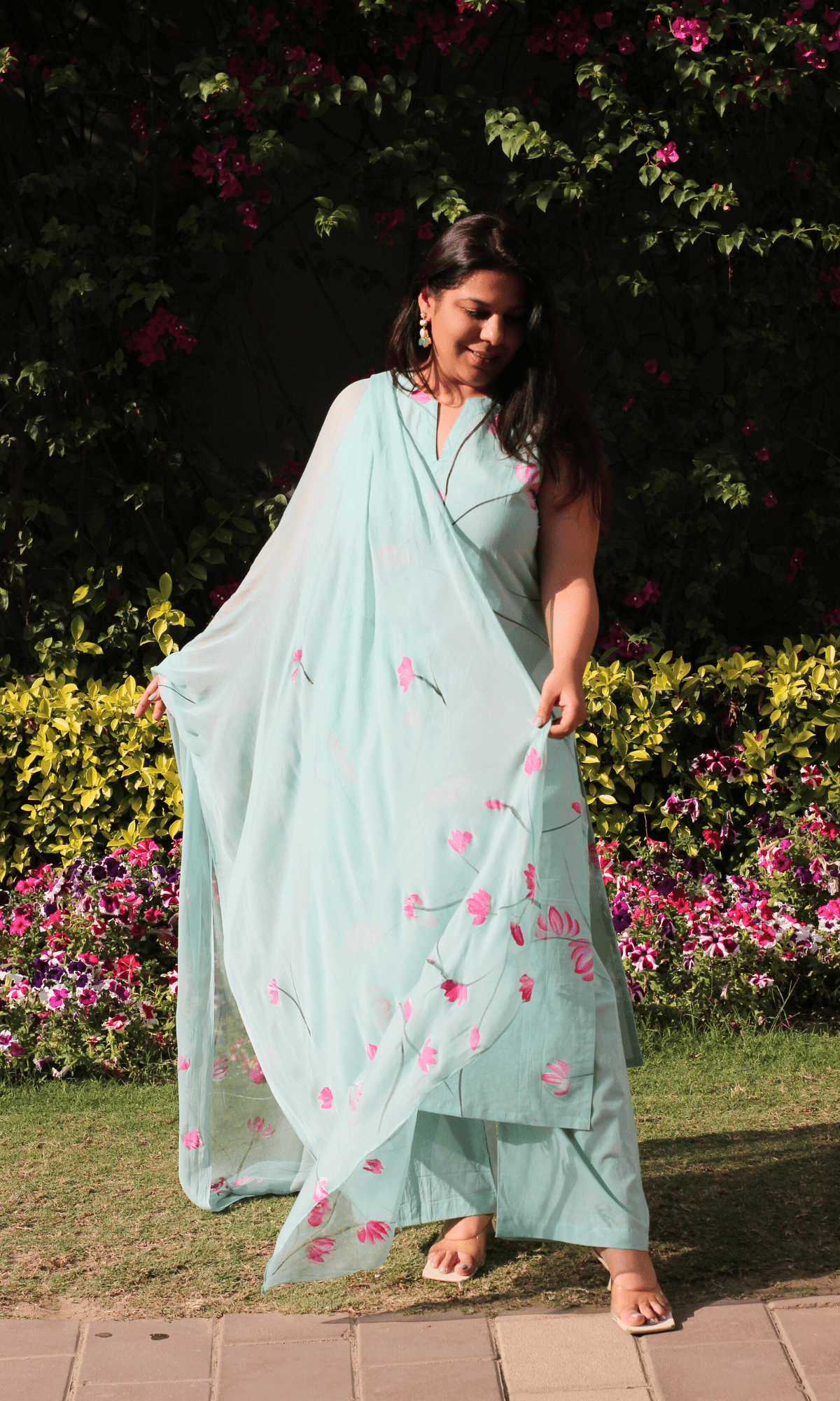Cotton Aqua & Pink Handbrush Painted Sleeveless Kurta, Palazzo & Hanpainted Chiffon Dupatta - Baareeki