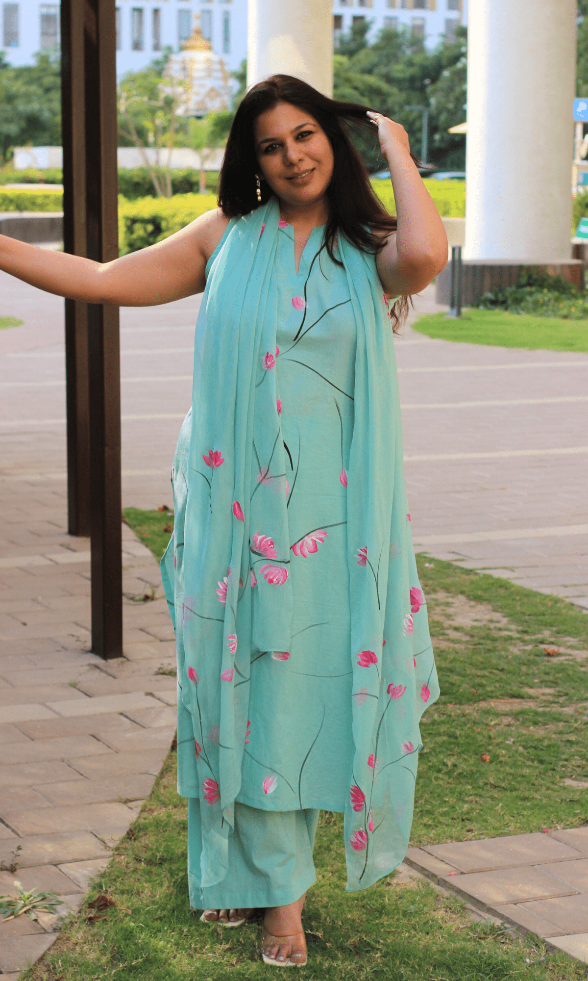 Cotton Aqua & Pink Handbrush Painted Sleeveless Kurta, Palazzo & Hanpainted Chiffon Dupatta - Baareeki