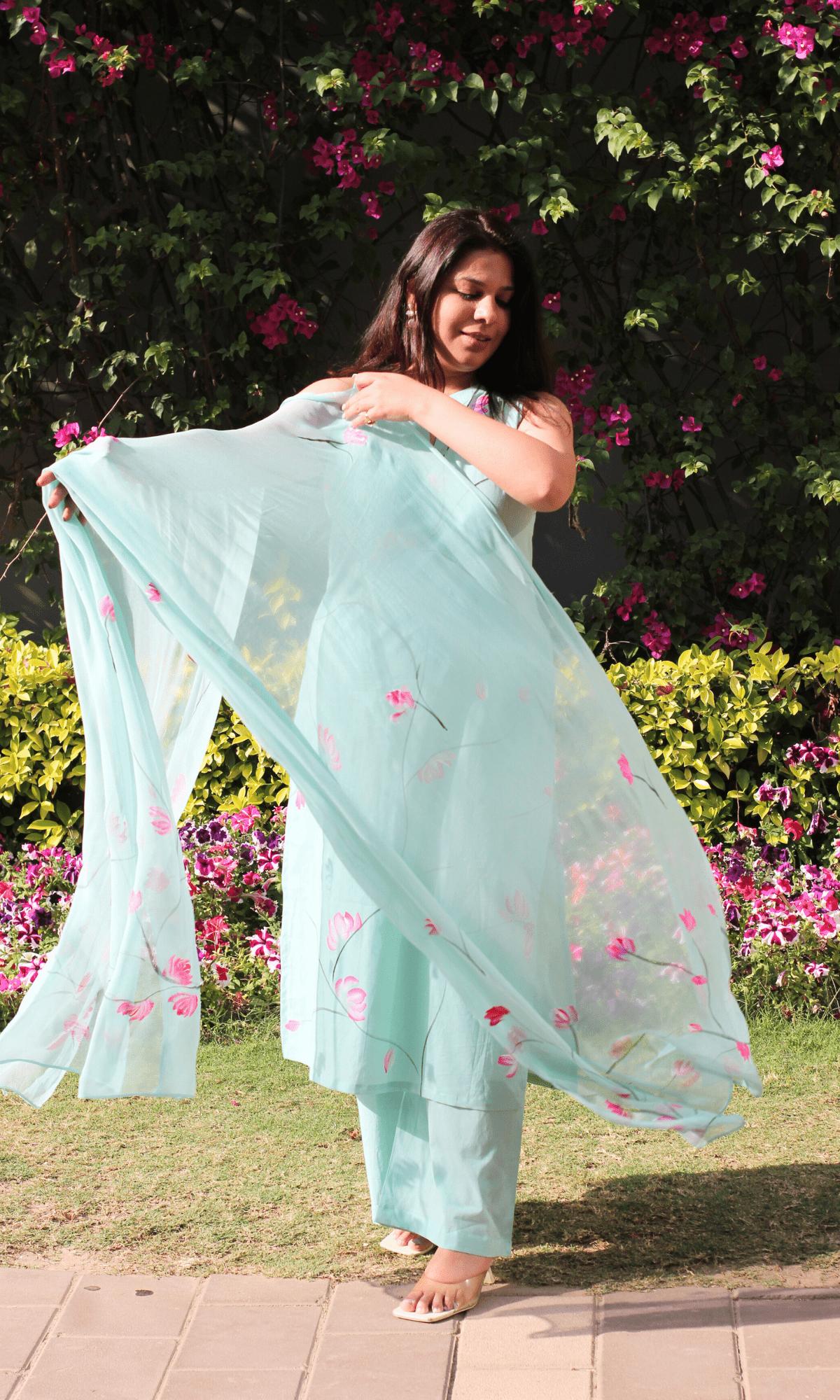 Cotton Aqua & Pink Handbrush Painted Sleeveless Kurta, Palazzo & Hanpainted Chiffon Dupatta - Baareeki