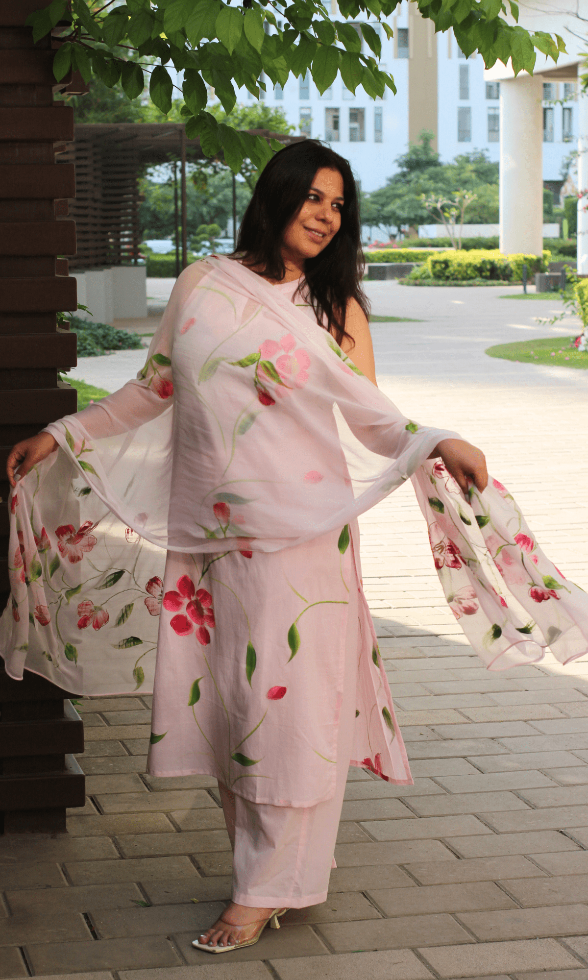 Cotton Baby Pink Handbrush Painted Sleeveless Kurta, Palazzo & Hanpainted Chiffon Dupatta - Baareeki