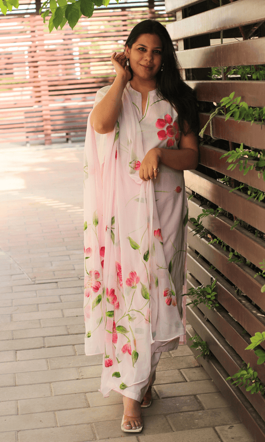 Cotton Baby Pink Handbrush Painted Sleeveless Kurta, Palazzo & Hanpainted Chiffon Dupatta - Baareeki