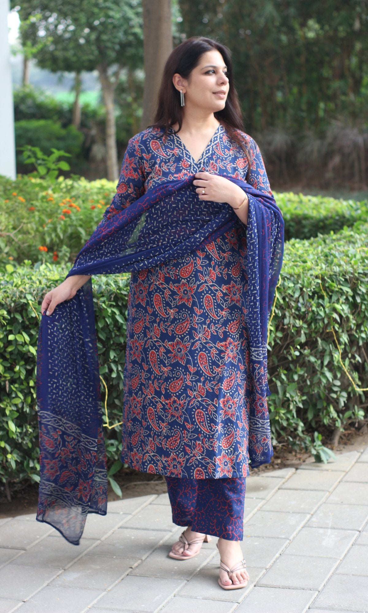 Cotton Badmeri Print Blue Suit with Chiffon Printed Dupatta - Baareeki