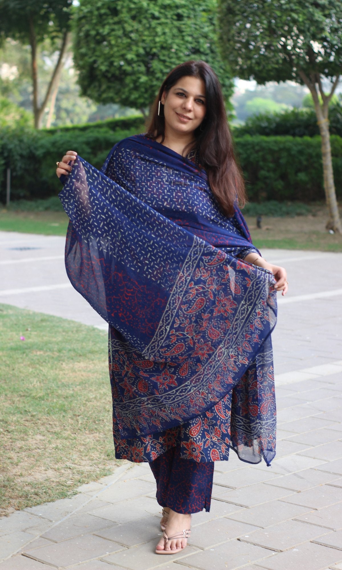 Cotton Badmeri Print Blue Suit with Chiffon Printed Dupatta - Baareeki