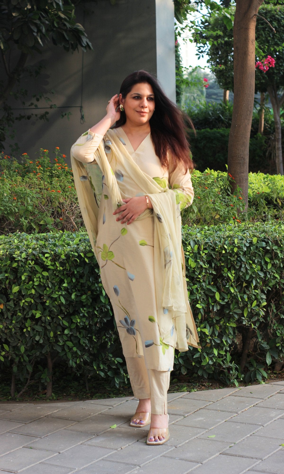 Cotton Beige & Blue Hand Brush Painted Suit with Chiffon Hand Painted Dupatta - Baareeki