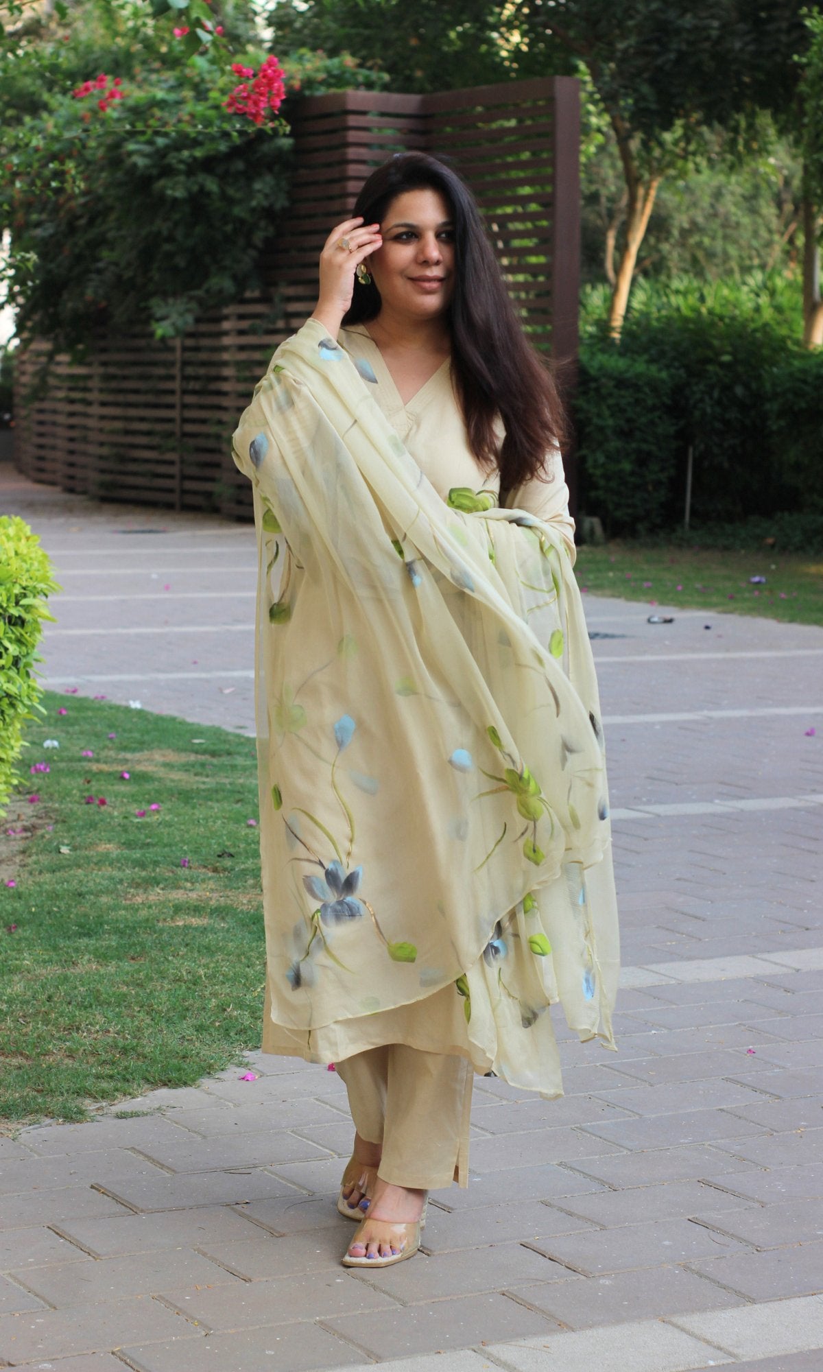 Cotton Beige & Blue Hand Brush Painted Suit with Chiffon Hand Painted Dupatta - Baareeki