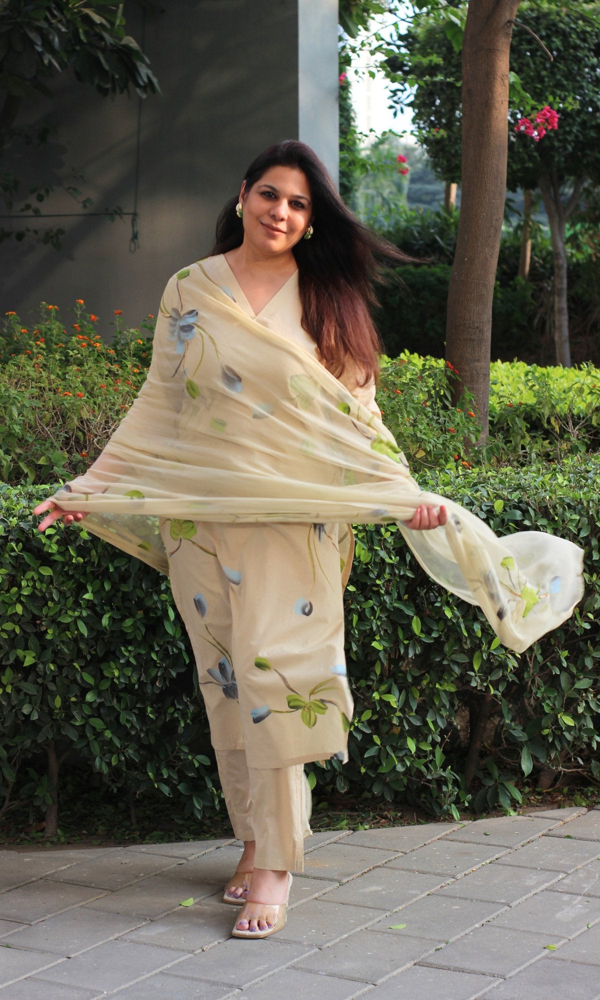 Cotton Beige & Blue Hand Brush Painted Suit with Chiffon Hand Painted Dupatta - Baareeki