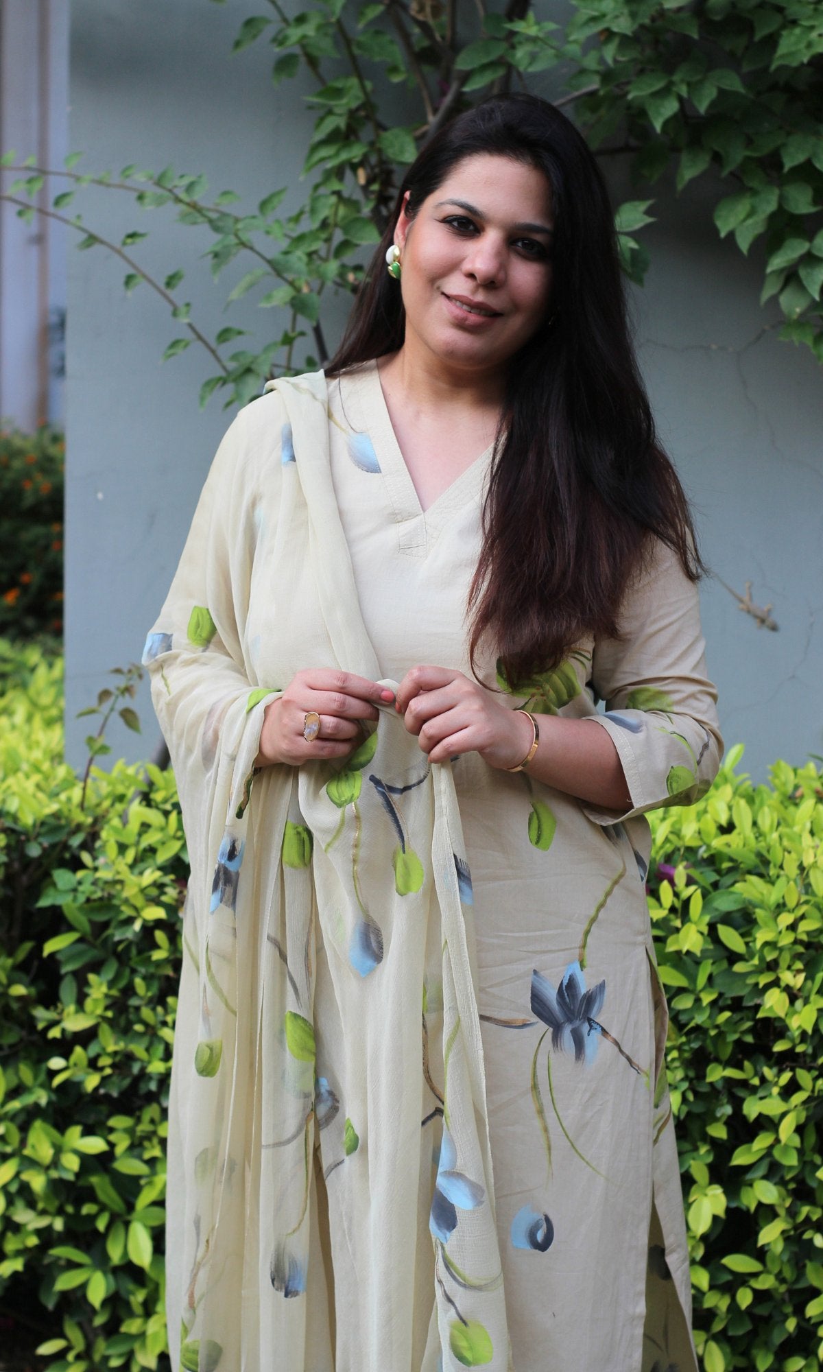 Cotton Beige & Blue Hand Brush Painted Suit with Chiffon Hand Painted Dupatta - Baareeki