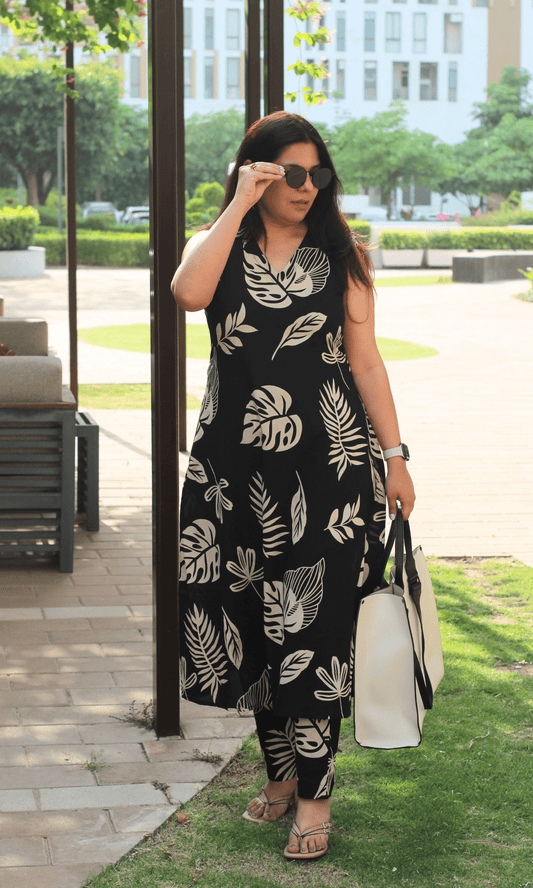 Cotton Black Big Leaf Print Sleeveless A Line Kurta & Pants - Baareeki