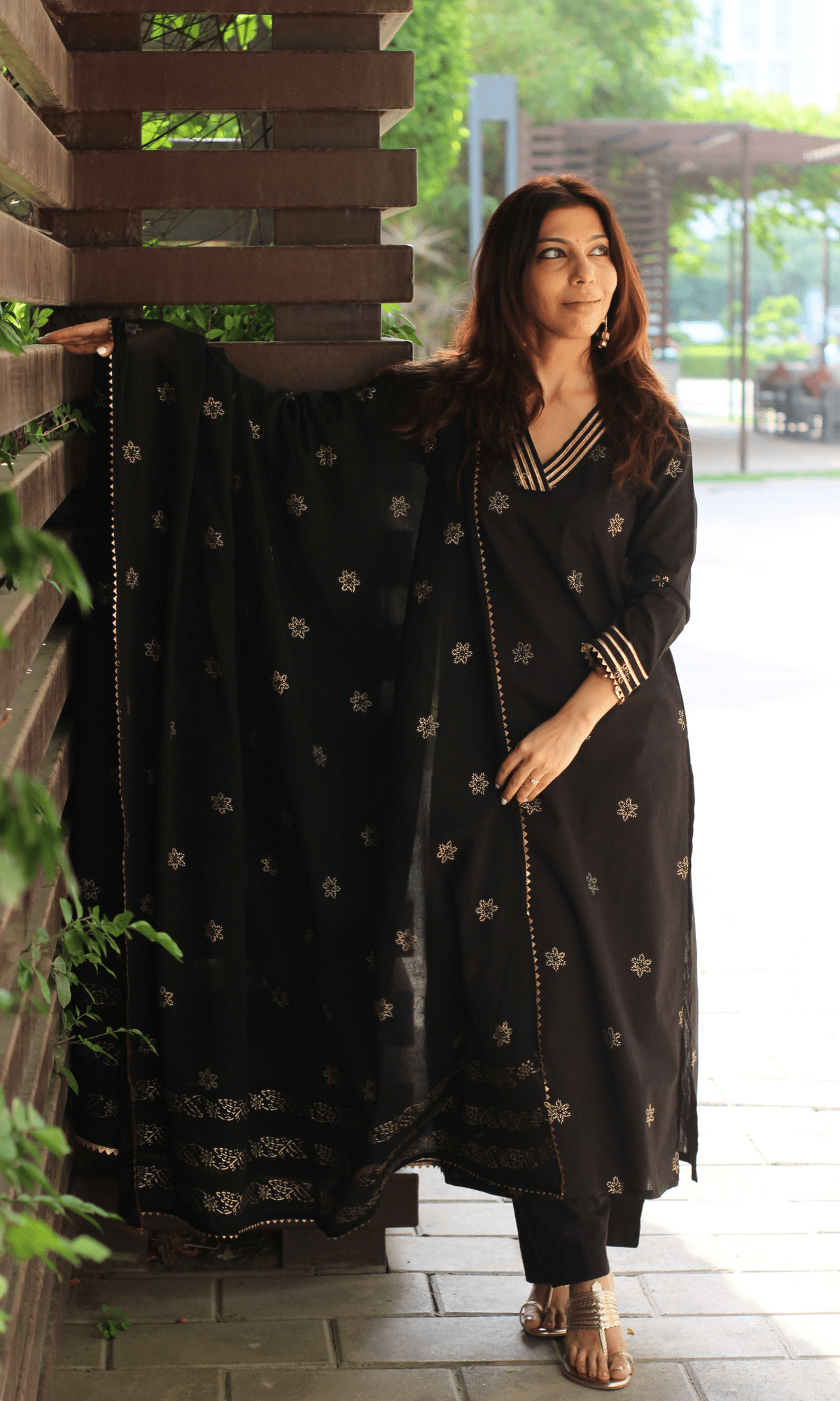 Cotton Black & Gold Star Laced Suit with Mul Printed Laced Dupatta - Baareeki