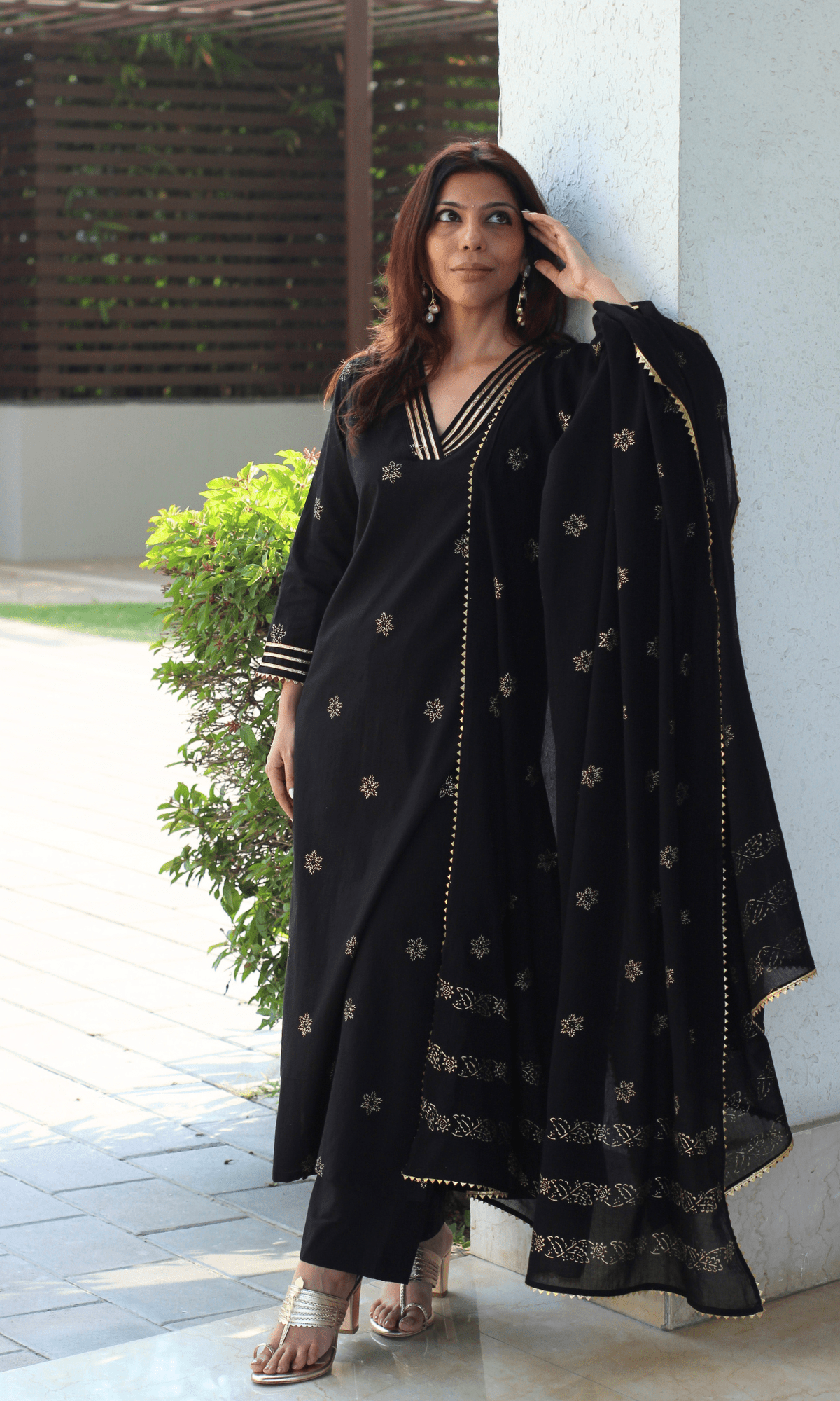 Cotton Black & Gold Star Laced Suit with Mul Printed Laced Dupatta - Baareeki