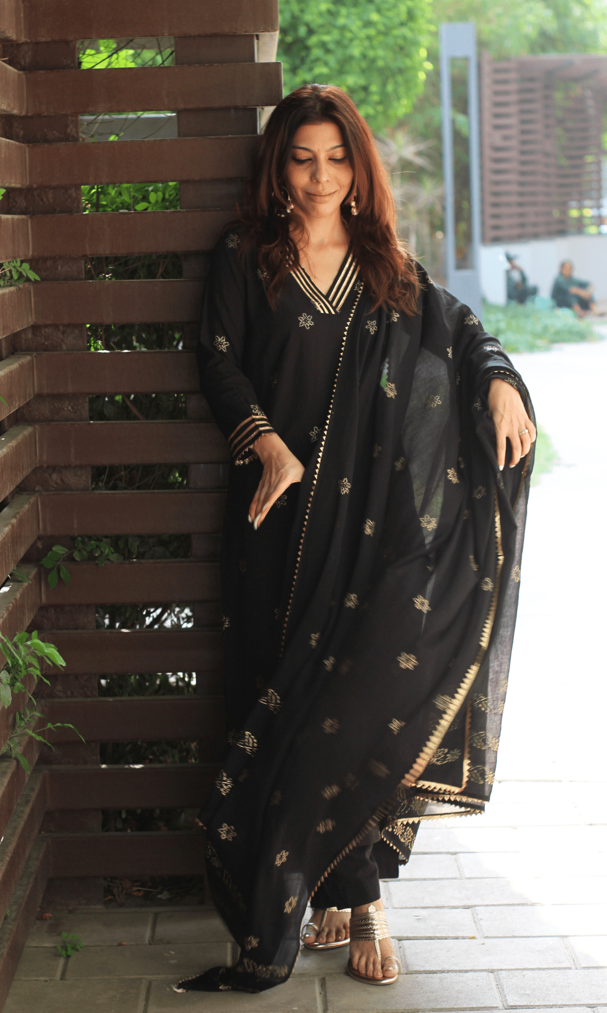 Cotton Black & Gold Star Laced Suit with Mul Printed Laced Dupatta - Baareeki