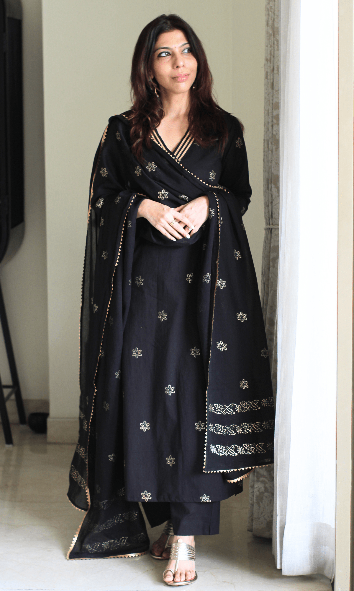 Cotton Black & Gold Star Laced Suit with Mul Printed Laced Dupatta - Baareeki
