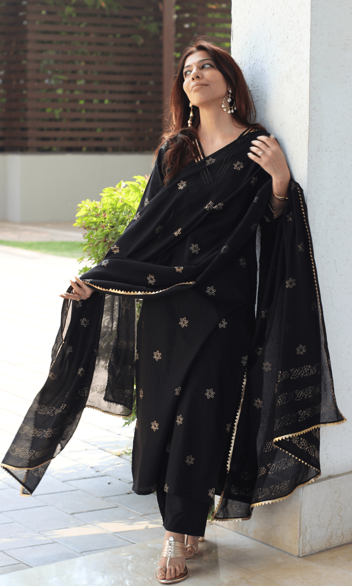 Cotton Black & Gold Star Laced Suit with Mul Printed Laced Dupatta - Baareeki