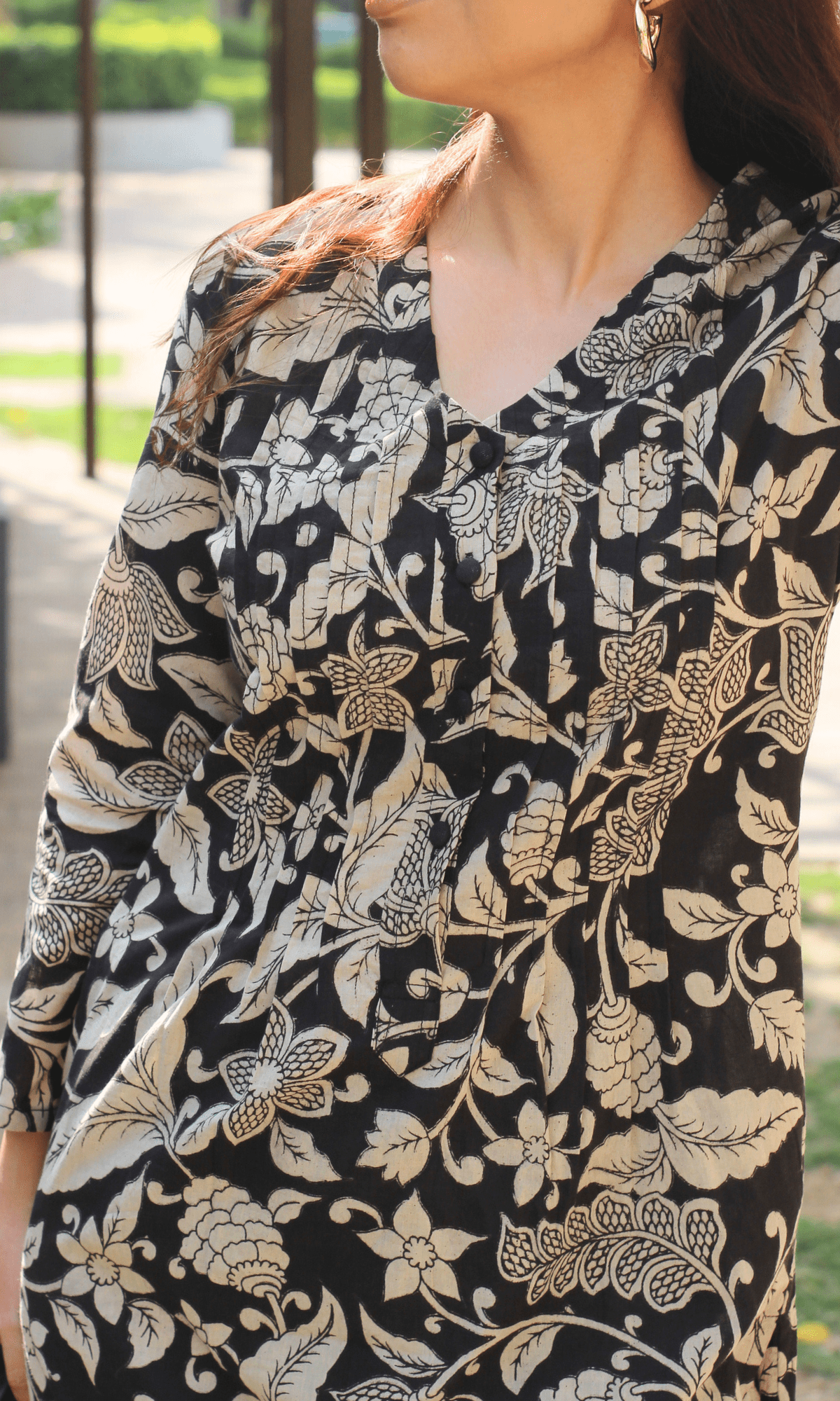 Cotton Black Kalamkari Pleated Buttoned Kurta & Pant - Baareeki
