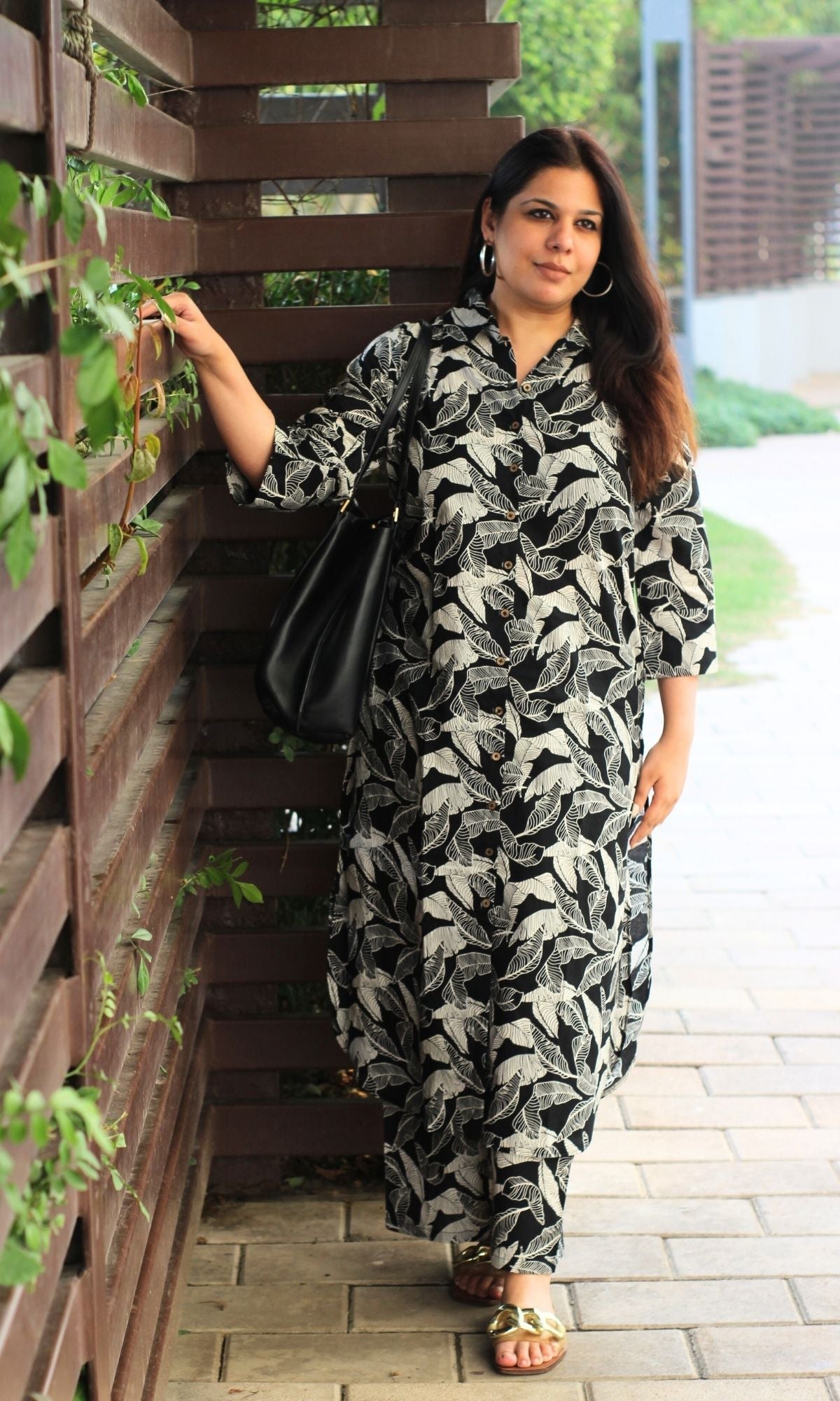 Cotton Black Leaf Print Shirt Style Co - ord - Baareeki