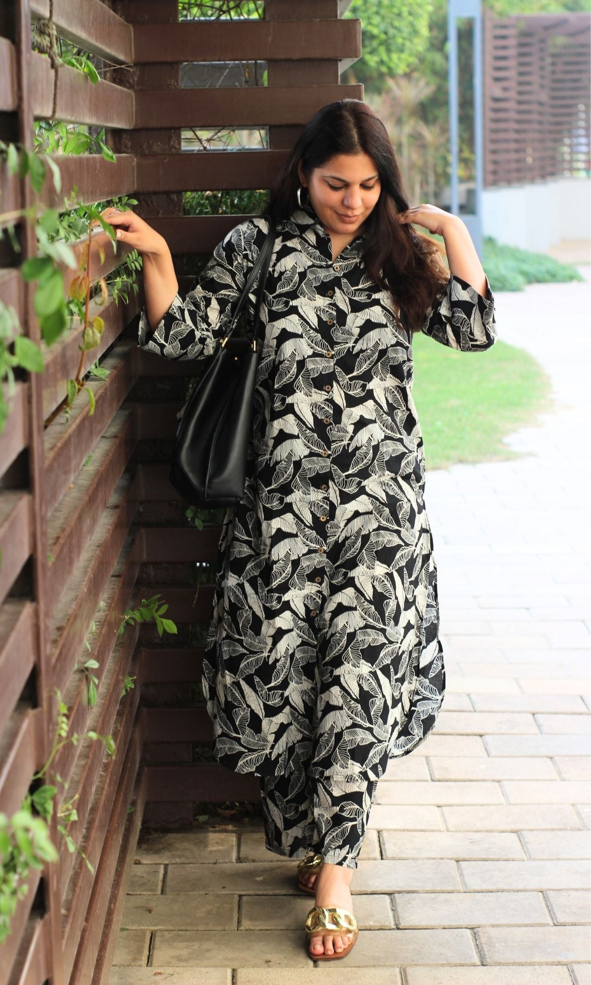 Cotton Black Leaf Print Shirt Style Co - ord - Baareeki