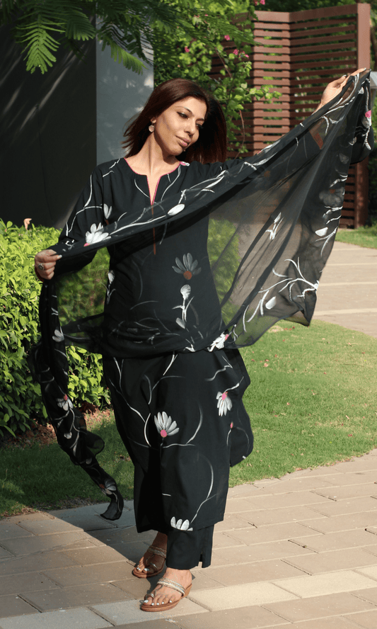 Cotton Black Petal Handbrush Painted Suit with Chiffon Handpainted Dupatta - Baareeki