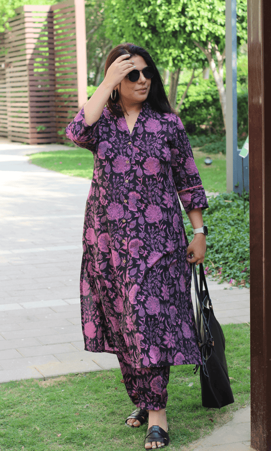 Cotton Black & Purple Handblock Kalamkari Front Buttoned Kurta & Pathani Pants - Baareeki