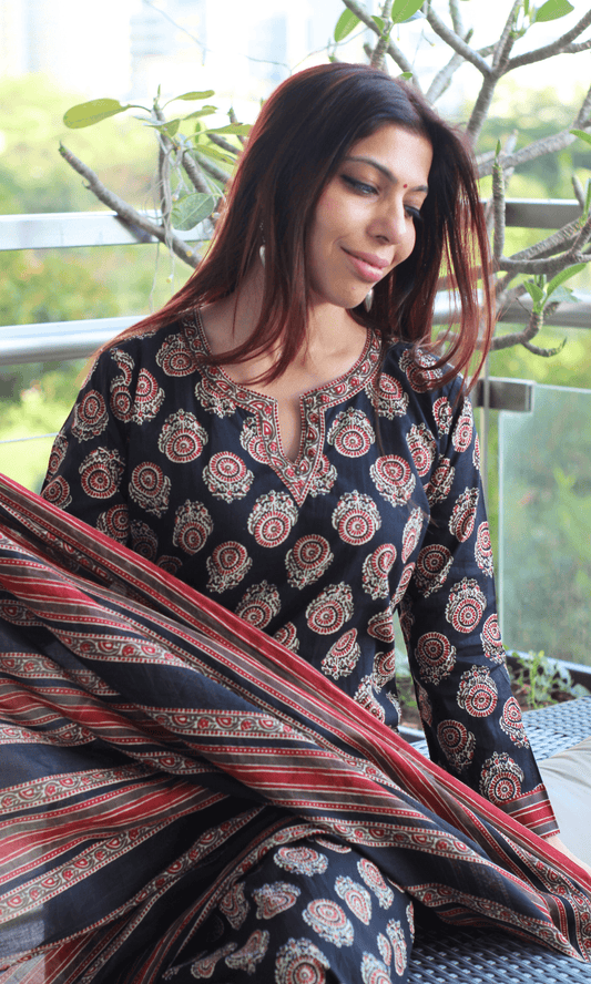Cotton Black & Red Ajrakh Boota Print Suit with Cotton Printed Dupatta - Baareeki