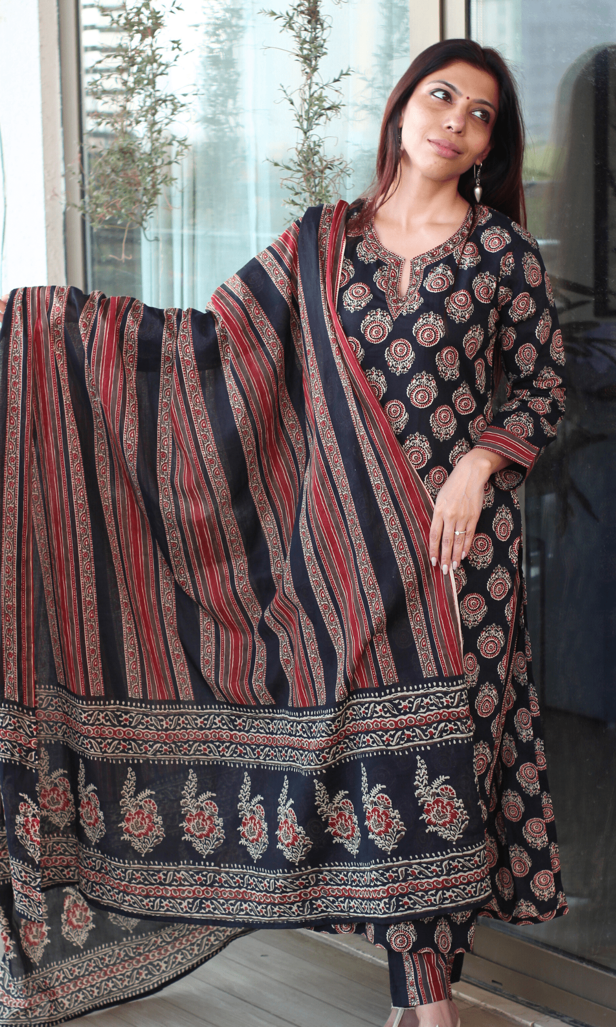 Cotton Black & Red Ajrakh Boota Print Suit with Cotton Printed Dupatta - Baareeki
