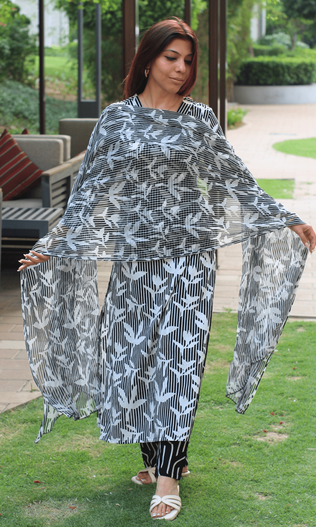 Cotton Black Shadow Leaf Printed Suit with Chiffon Printed Dupatta - Baareeki
