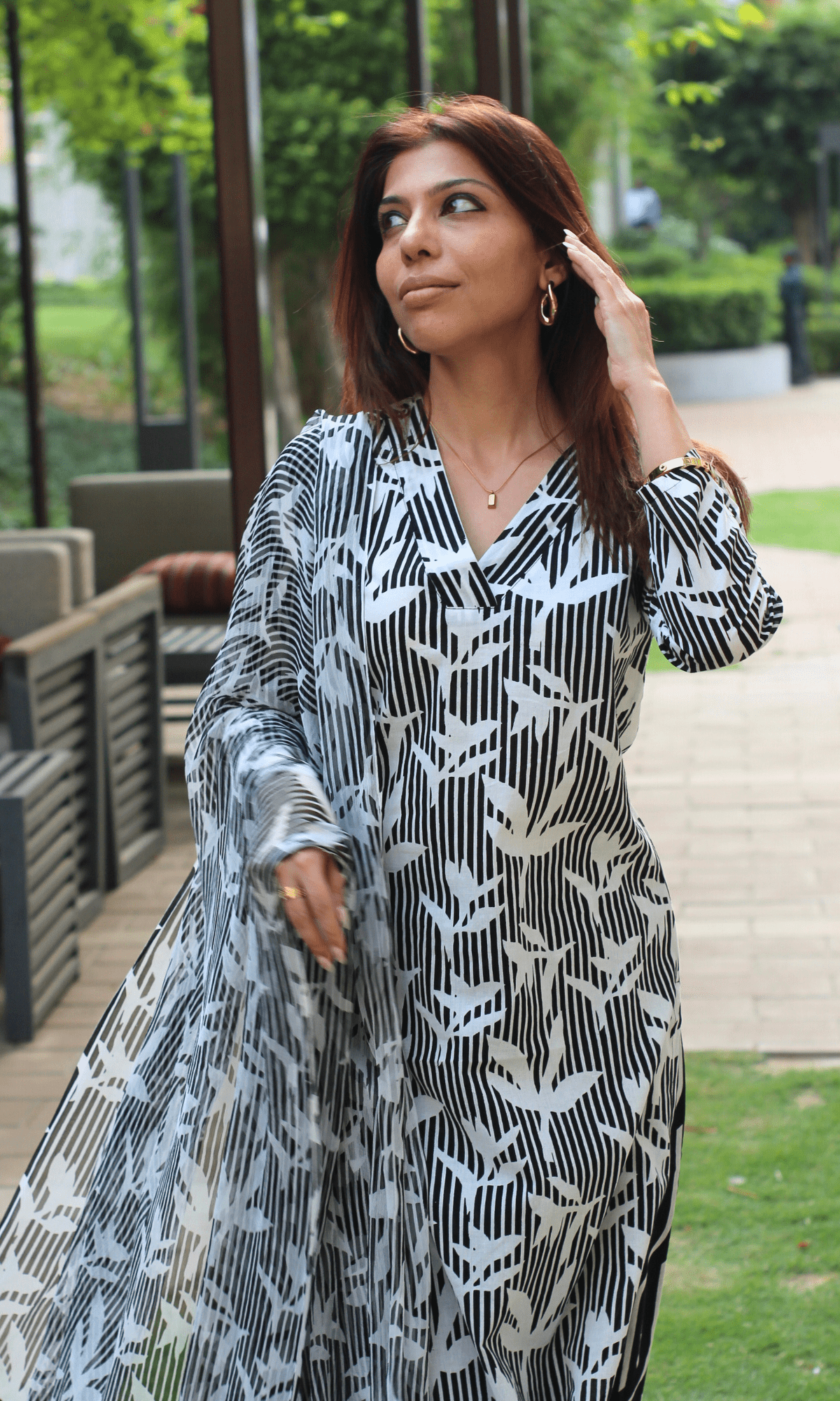 Cotton Black Shadow Leaf Printed Suit with Chiffon Printed Dupatta - Baareeki