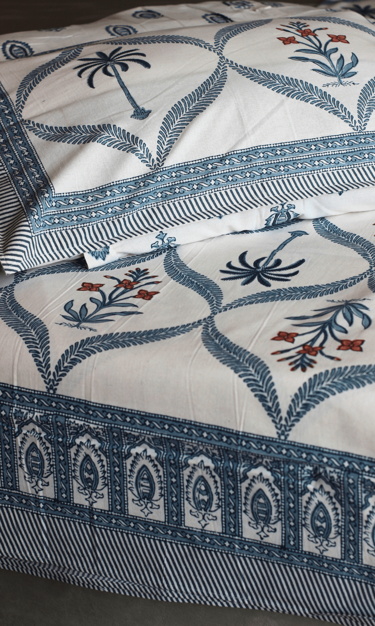 Cotton Block Printed Coastal Blue King Size Bedsheet with 2 Pillow Covers - Baareeki
