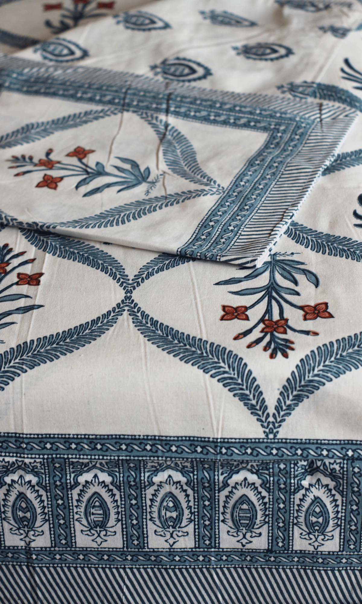 Cotton Block Printed Coastal Blue King Size Bedsheet with 2 Pillow Covers - Baareeki