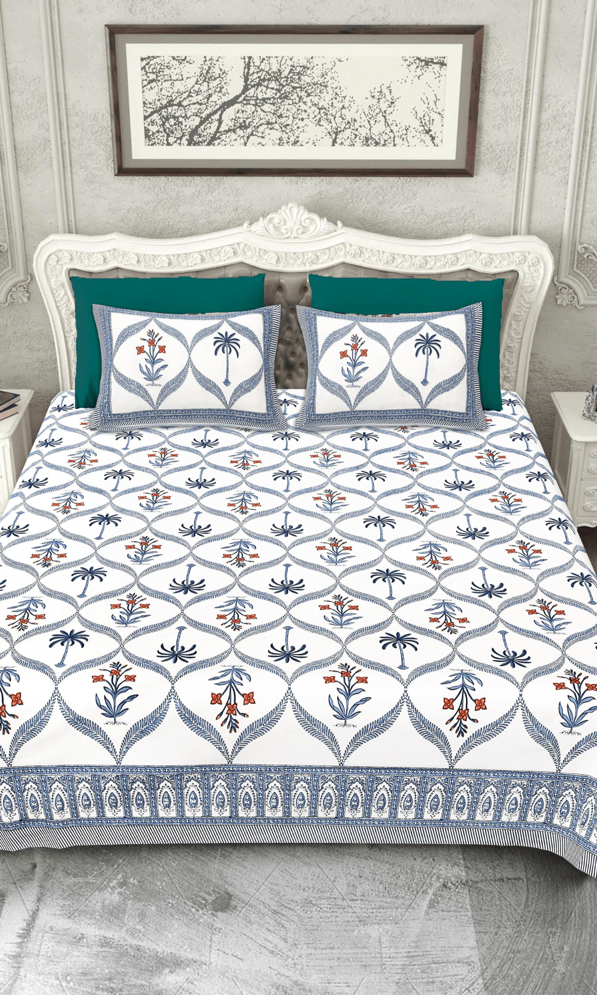 Cotton Block Printed Coastal Blue King Size Bedsheet with 2 Pillow Covers - Baareeki