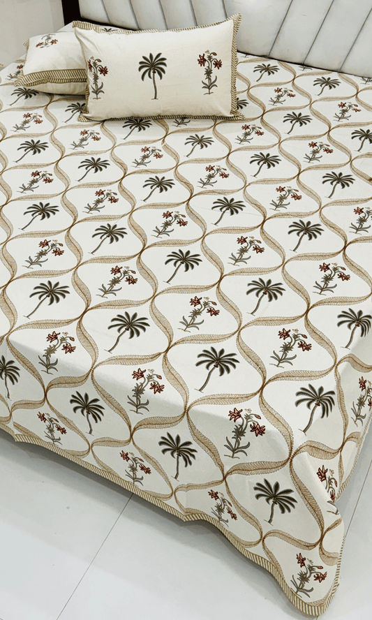 Cotton Block Printed Coastal Brown King Size Bedsheet with 2 Pillow Covers - Baareeki