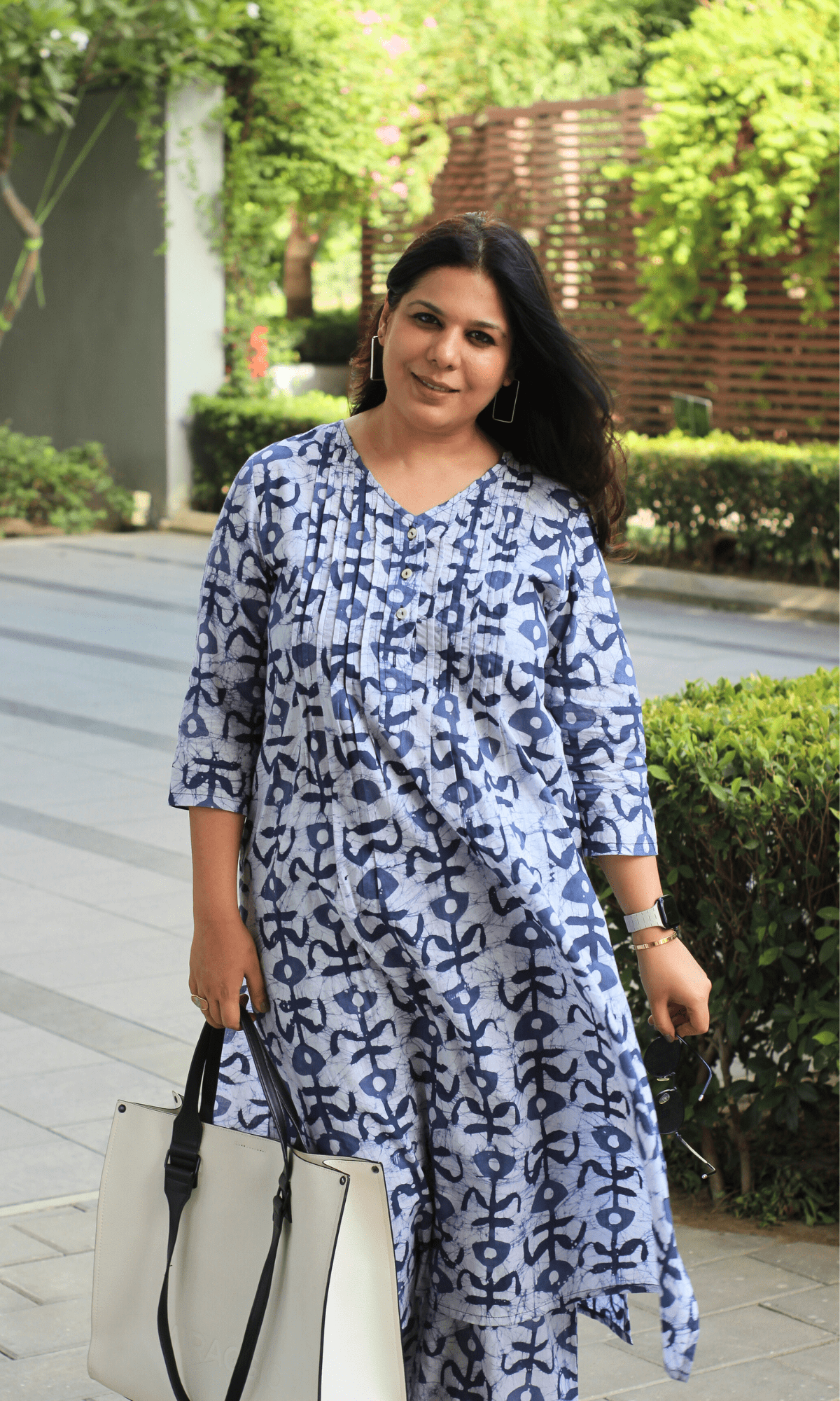 Cotton Blue Earthy Handblock Printed Pleated Kurta & Pant Co - ord - Baareeki