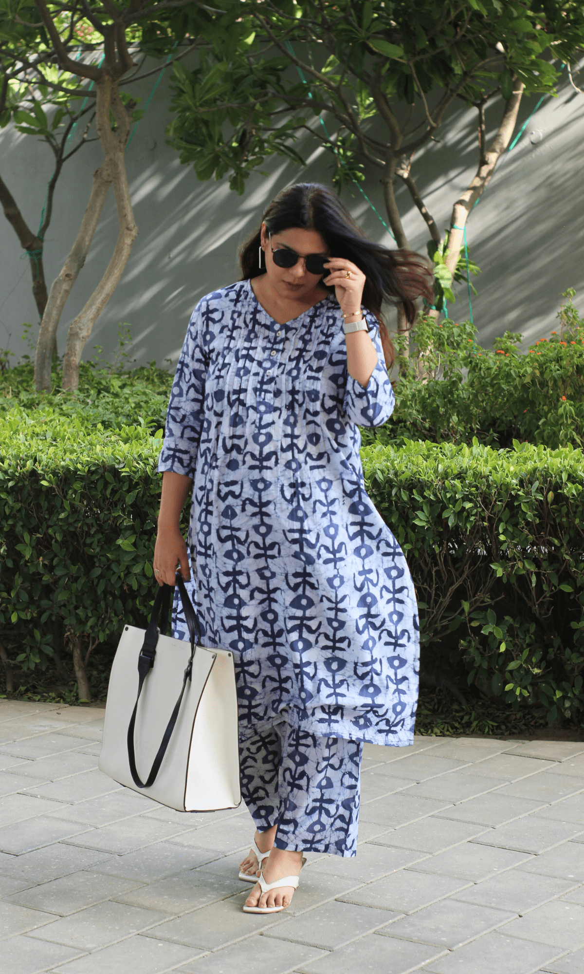 Cotton Blue Earthy Handblock Printed Pleated Kurta & Pant Co - ord - Baareeki