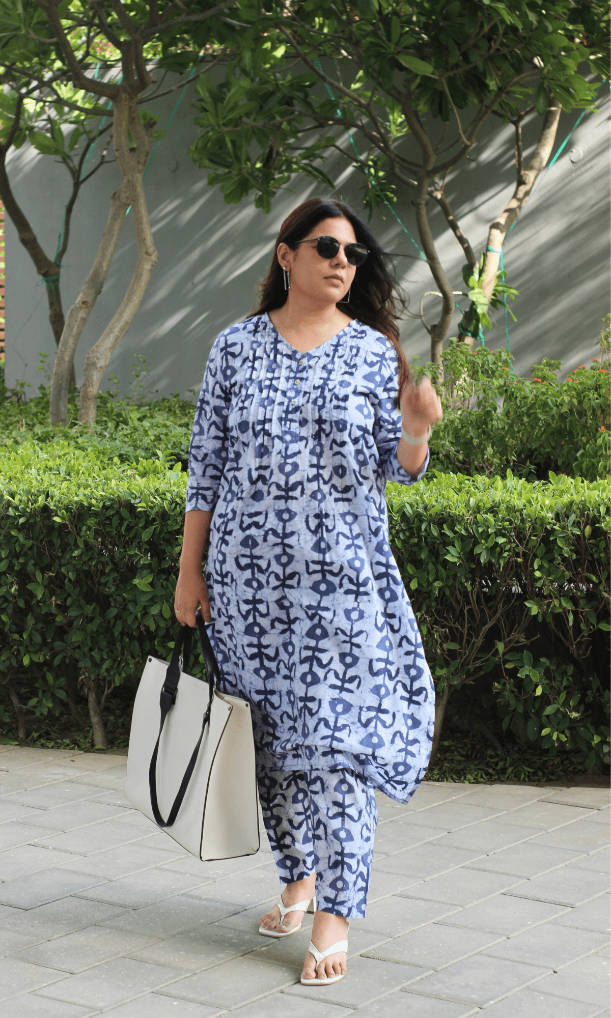 Cotton Blue Earthy Handblock Printed Pleated Kurta & Pant Co - ord - Baareeki